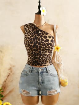 Women 2 Pack One Shoulder Ruched Crop Top Set Casual Sleeveless Leopard Print & Solid Crop Top Set