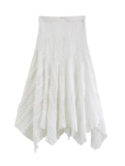 ZIQIAO 2026 Summer Women's Bias Cut Lace Panel Asymmetric Midi Skirt, Designer Patchwork Hem Skirt Romantic Soft Feminine Style