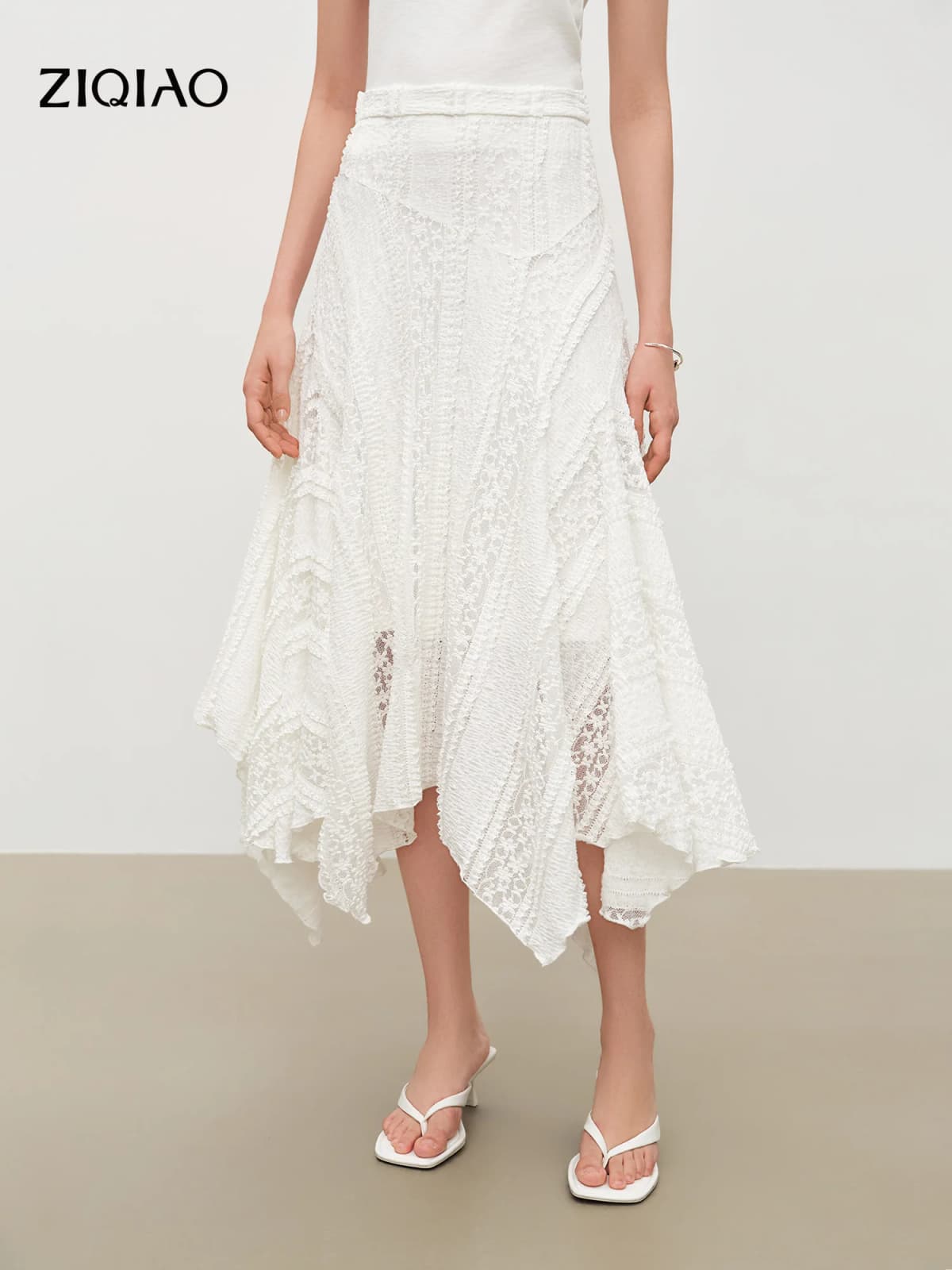 ZIQIAO 2026 Summer Women's Bias Cut Lace Panel Asymmetric Midi Skirt, Designer Patchwork Hem Skirt Romantic Soft Feminine Style