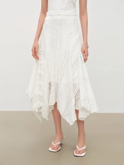 ZIQIAO 2026 Summer Women's Bias Cut Lace Panel Asymmetric Midi Skirt, Designer Patchwork Hem Skirt Romantic Soft Feminine Style