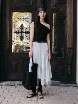 ZIQIAO 2026 Summer Women's Bias Cut Lace Panel Asymmetric Midi Skirt, Designer Patchwork Hem Skirt Romantic Soft Feminine Style
