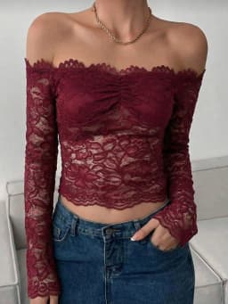 Hugcitar Women Elegant Lace Slash Neck Long Sleeve Sexy See Through Ruffles Crop T-Shirt Top Female Clothes Birthday Night Club