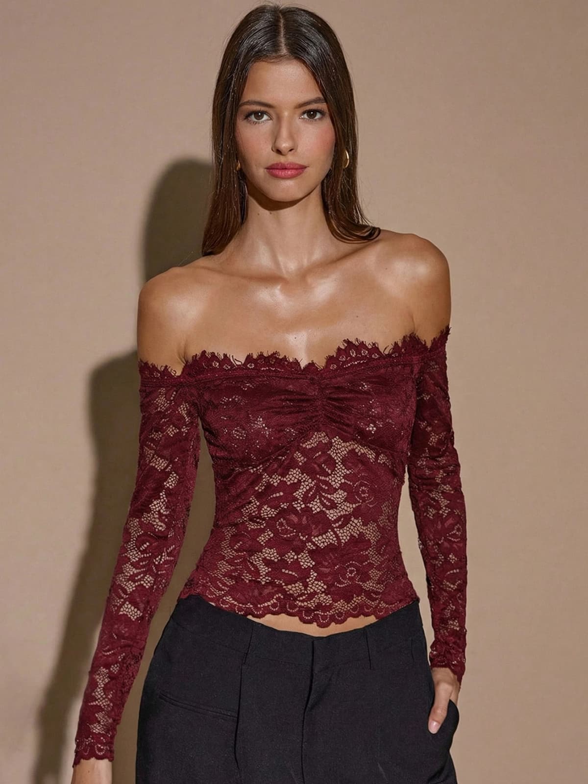 Hugcitar Women Elegant Lace Slash Neck Long Sleeve Sexy See Through Ruffles Crop T-Shirt Top Female Clothes Birthday Night Club
