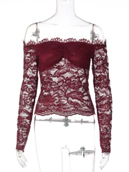Hugcitar Women Elegant Lace Slash Neck Long Sleeve Sexy See Through Ruffles Crop T-Shirt Top Female Clothes Birthday Night Club