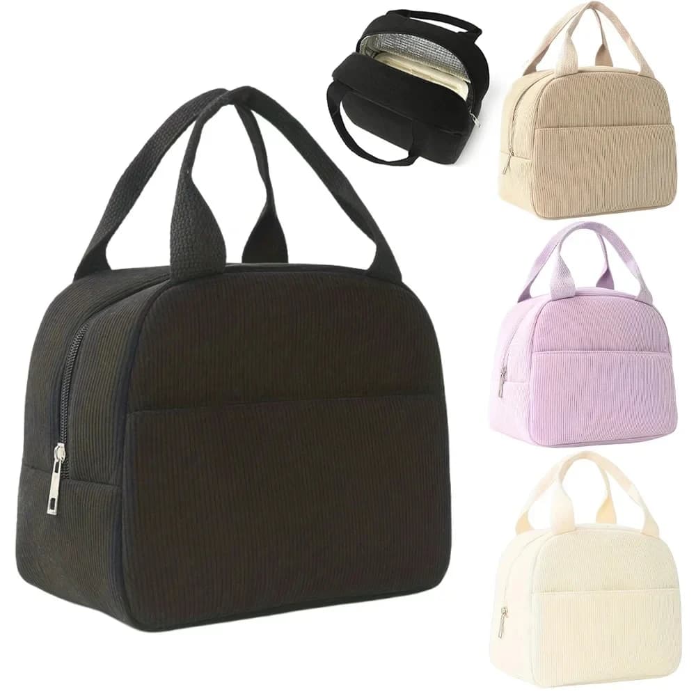 Reusable Thermal Insulated Bento Bag Embroidery Portable Corduroy Lunch Bag for Kid Ideal for Go To School/Travel Work Trips