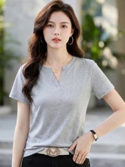Korean Minimalist Slim Fit Versatile Layering Tops 2026 Summer Trendy Solid V-Neck Short Sleeve Tees Women T-Shirt