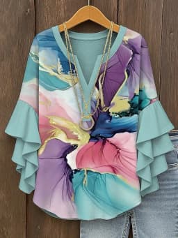 Women's Casual Ruffle Sleeve Floral Print Blouse Loose Fit Lightweight Elegant Shirt Female Daily Wear Tops