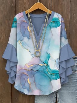 Women's Casual Ruffle Sleeve Floral Print Blouse Loose Fit Lightweight Elegant Shirt Female Daily Wear Tops