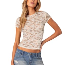 Women's Sheer Lace Short Sleeve Crop Top 2026 Sexy Crew Neck Floral Lace See-Through Tee Tops