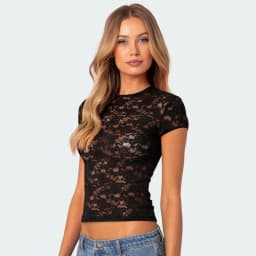 Women's Sheer Lace Short Sleeve Crop Top 2026 Sexy Crew Neck Floral Lace See-Through Tee Tops