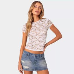 Women's Sheer Lace Short Sleeve Crop Top 2026 Sexy Crew Neck Floral Lace See-Through Tee Tops