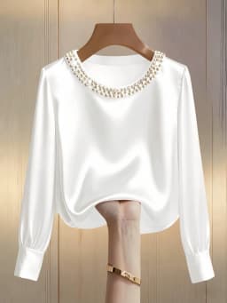 Spring and summer French high-end pearl round neck satin shirt top for women