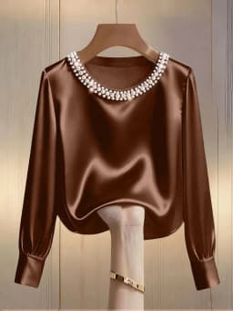 Spring and summer French high-end pearl round neck satin shirt top for women