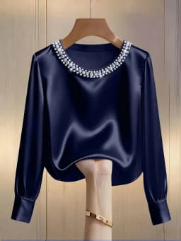 Spring and summer French high-end pearl round neck satin shirt top for women