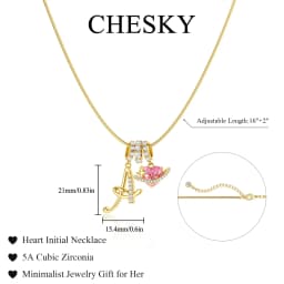 Women's A-Z Initial Letter Pendant Necklace Snake Chain Initial Alphabet CZ Pink Heart Necklace Adjustable Size Hypoallergenic