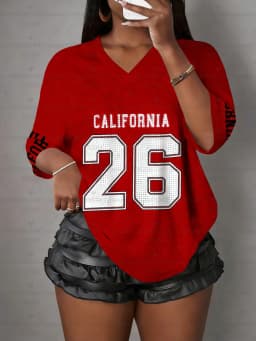 Women's California NO.26 Print V-Neck Short Sleeve T-Shirt Summer Graphic Tee Hole Mesh Jerseys Plus Size Sport T-Shirt