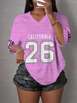 Women's California NO.26 Print V-Neck Short Sleeve T-Shirt Summer Graphic Tee Hole Mesh Jerseys Plus Size Sport T-Shirt