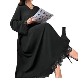 2026 casual and elegant style, V-neck solid color lace long sleeved lace dress long skirt, casual shopping, relaxing and resting