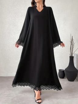 2026 casual and elegant style, V-neck solid color lace long sleeved lace dress long skirt, casual shopping, relaxing and resting