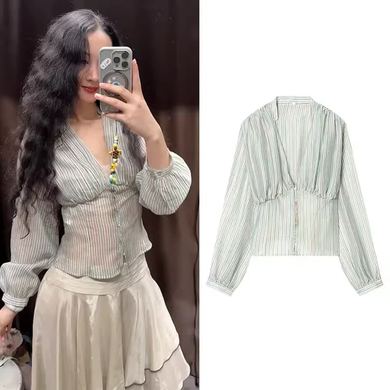 Women's Striped Shirt wirh Fit Waist Spring Summer V Neck Long Sleeve Button Women Shirts Female Chic Tops