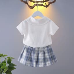 2026 New Children's Set Girls' Summer Korean Edition Collar Short Sleeve+Plaid Half Skirt 0-10 Years Old