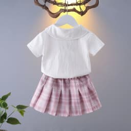 2026 New Children's Set Girls' Summer Korean Edition Collar Short Sleeve+Plaid Half Skirt 0-10 Years Old