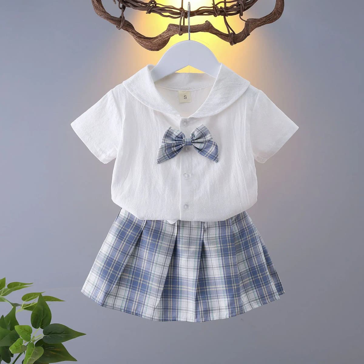 2026 New Children's Set Girls' Summer Korean Edition Collar Short Sleeve+Plaid Half Skirt 0-10 Years Old
