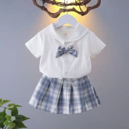 2026 New Children's Set Girls' Summer Korean Edition Collar Short Sleeve+Plaid Half Skirt 0-10 Years Old
