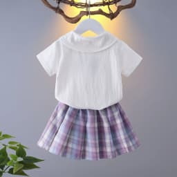 2026 New Children's Set Girls' Summer Korean Edition Collar Short Sleeve+Plaid Half Skirt 0-10 Years Old