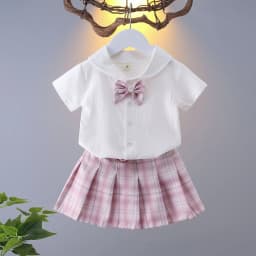 2026 New Children's Set Girls' Summer Korean Edition Collar Short Sleeve+Plaid Half Skirt 0-10 Years Old