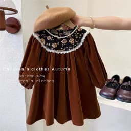 Girls' Hepburn-Style Dress, Spring and Autumn Vintage Velvet Dress for Little Girls, Children's Long-Sleeve Floral Dark-Colored Dress
