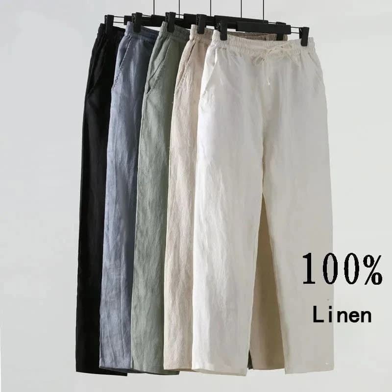 Solid Color Linen Pants Men's Loose Cotton Linen Casual 9 Points Pants Spring Summer Home Straight Soft Comfortable Trousers