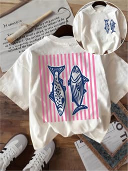 Funny Fish Graphic T Shirt Pink Stripes Double Sided Print Unisex Harajuku Aesthetic Loose Short Sleeve Summer Tops Tee