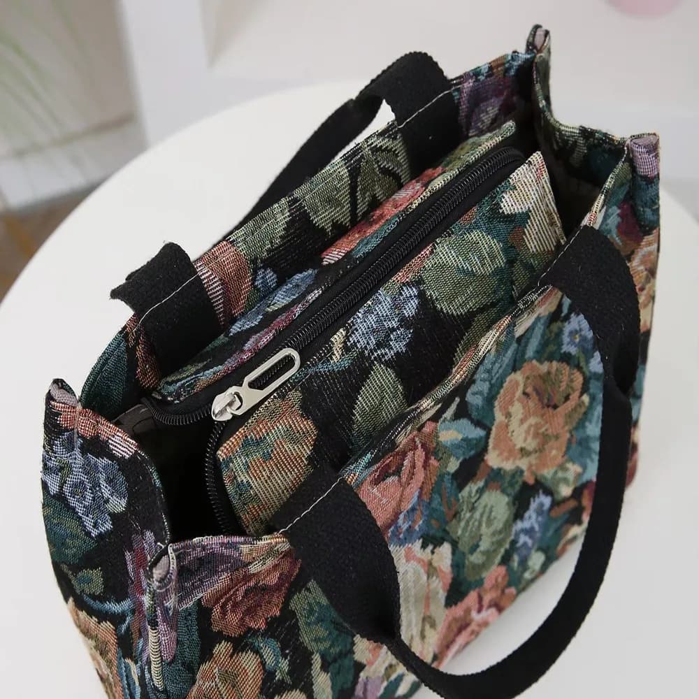 Casual Floral Print Women's Tote Bag Thickened Canvas Lunch Bag Zipper Large Capacity Jacquard Handbag