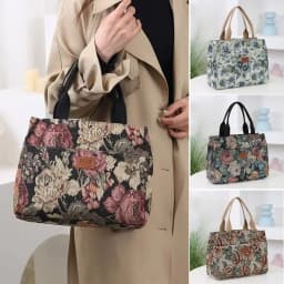 Casual Floral Print Women's Tote Bag Thickened Canvas Lunch Bag Zipper Large Capacity Jacquard Handbag