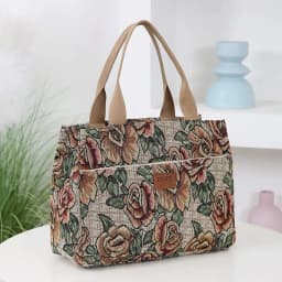 Casual Floral Print Women's Tote Bag Thickened Canvas Lunch Bag Zipper Large Capacity Jacquard Handbag