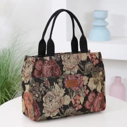 Casual Floral Print Women's Tote Bag Thickened Canvas Lunch Bag Zipper Large Capacity Jacquard Handbag