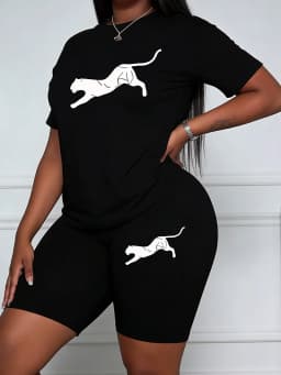 Women's Plus-Size Casual Shorts Set with Running Animal Pattern Print Design, Fashionable and Comfortable