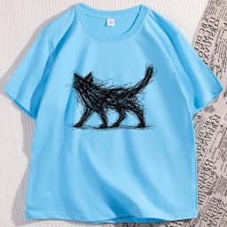 Vintage Cat Line T Shirt Funny Modern Sketch Animal Tee Cat Lover Graphic Tee Elastic Casual Short Sleeve T-shirt Clothes