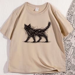 Vintage Cat Line T Shirt Funny Modern Sketch Animal Tee Cat Lover Graphic Tee Elastic Casual Short Sleeve T-shirt Clothes