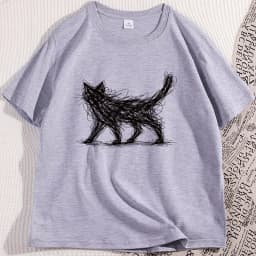 Vintage Cat Line T Shirt Funny Modern Sketch Animal Tee Cat Lover Graphic Tee Elastic Casual Short Sleeve T-shirt Clothes