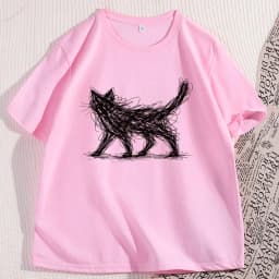 Vintage Cat Line T Shirt Funny Modern Sketch Animal Tee Cat Lover Graphic Tee Elastic Casual Short Sleeve T-shirt Clothes