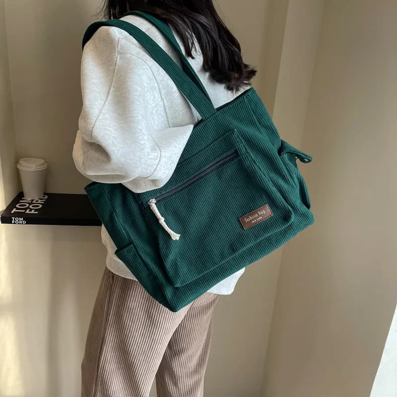 Simple Corduroy Tote Bag, Solid Color Shoulder Bag, Retro Multi Pockets Handbag For School Work Shopping