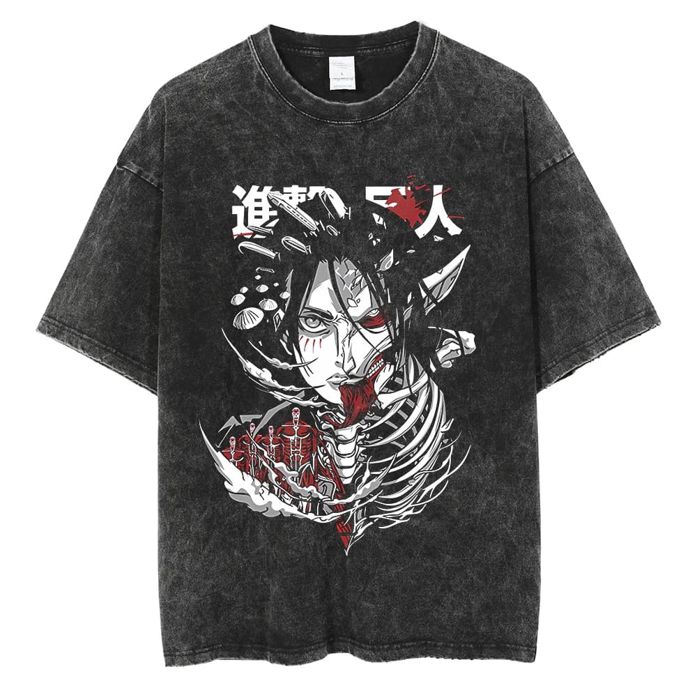 2026 Anime Attack on Titan Eren Jaeger Printed T-shirt Men's and Women's Washed T-shirt High Quality Vintage Cotton T-shirt Top