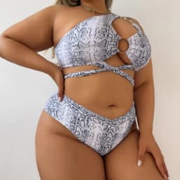 Women's Plus Size Snake Patterned Two-piece Bikini Set with Hollowed Out Lace Up Swimsuit High Waisted Beach Vacation Swimsuit