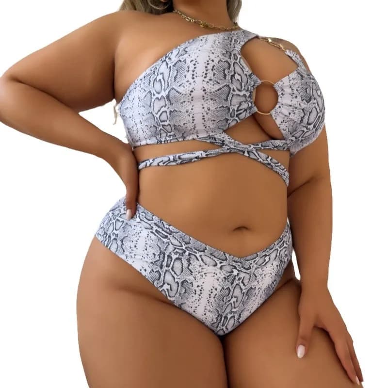 Women's Plus Size Snake Patterned Two-piece Bikini Set with Hollowed Out Lace Up Swimsuit High Waisted Beach Vacation Swimsuit