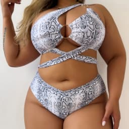 Women's Plus Size Snake Patterned Two-piece Bikini Set with Hollowed Out Lace Up Swimsuit High Waisted Beach Vacation Swimsuit
