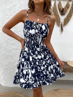 Vintage Floral Print Tie-Up Slip Dress, Flattering, Versatile, Beach Resort Style Mini Dress Dressed in Party