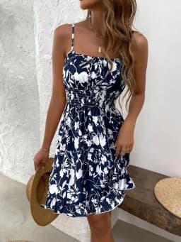 Vintage Floral Print Tie-Up Slip Dress, Flattering, Versatile, Beach Resort Style Mini Dress Dressed in Party
