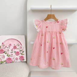 2026 New Summer 2-6Yrs Princess Dress Striped Cute Sweet Baby Girl Pink Round Neck Dress Flying Sleeve Cotton Embroidery Dress